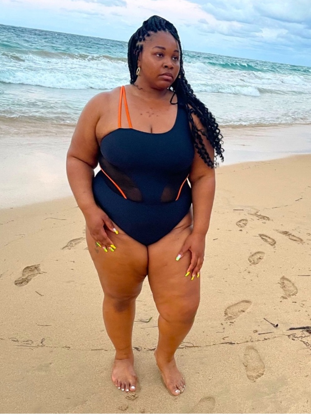1X-4X Plus-Size Black One-Piece Swimsuit with Orange Accent Straps